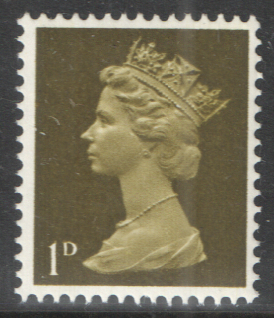 (image for) PD2.1 1968 1d Yellow Ochre OCP(H) / PVAl Two Bands Pre-Decimal Machin vertical coil strip of 5